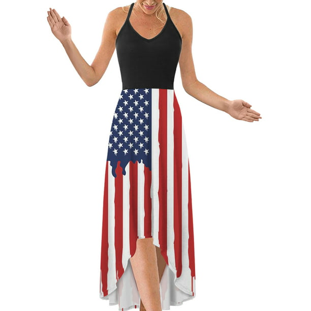 Womens July 4th American Flag Printed Sleeveless Tank Dress with Pockets Vintage Stars and Stripes Patriotic Dress for Women 